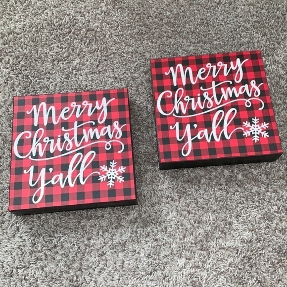 🆕 Merry‎ Christmas y’all red black plaid white glitter sign sign holiday